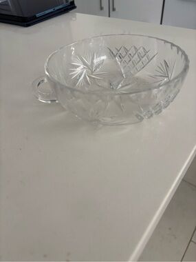 Cut Glass Crystal Serving Bowl with Handle - Clear